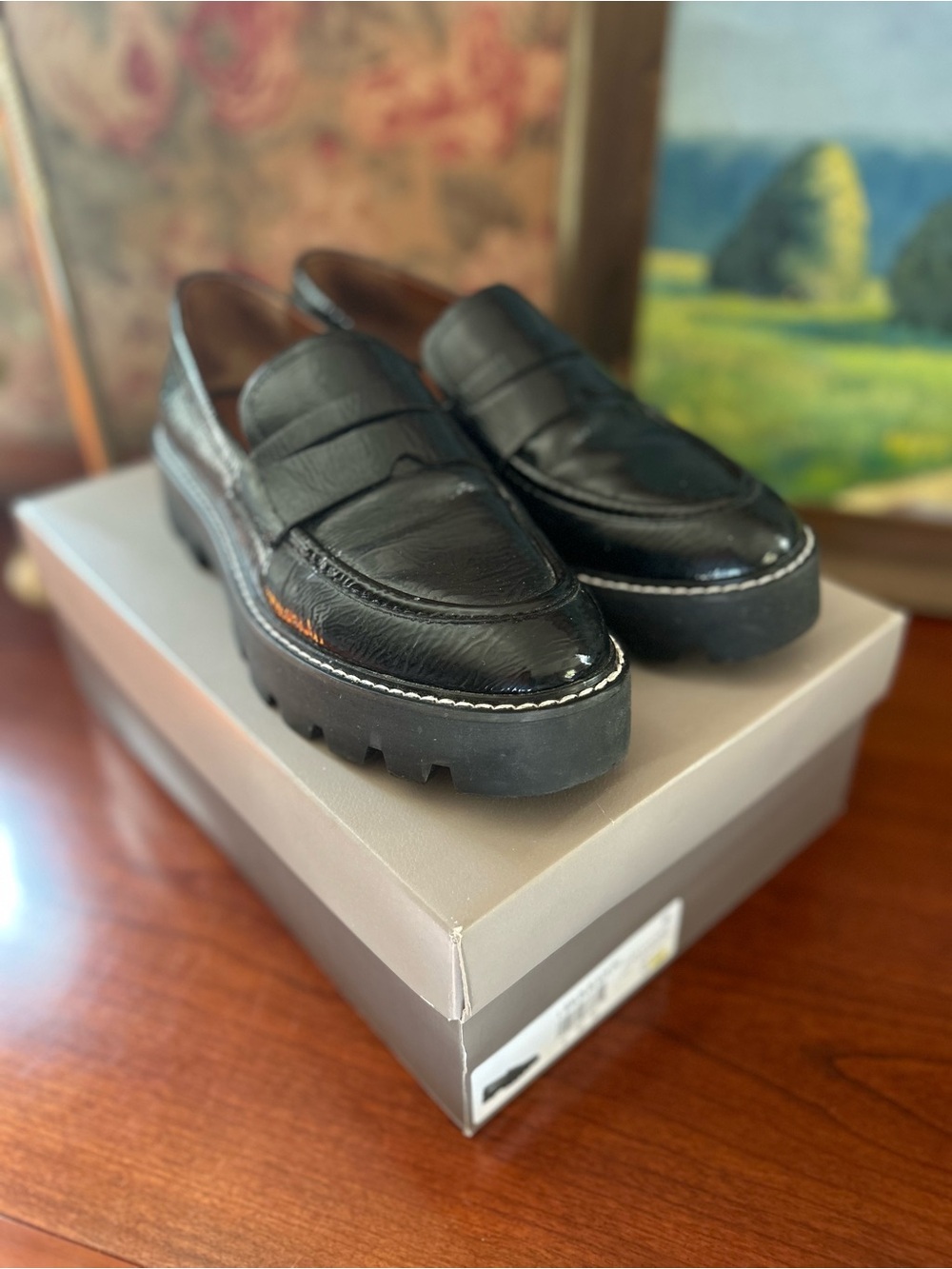Franco Sarto “Balin” Black Lug-Sole Penny Loafers